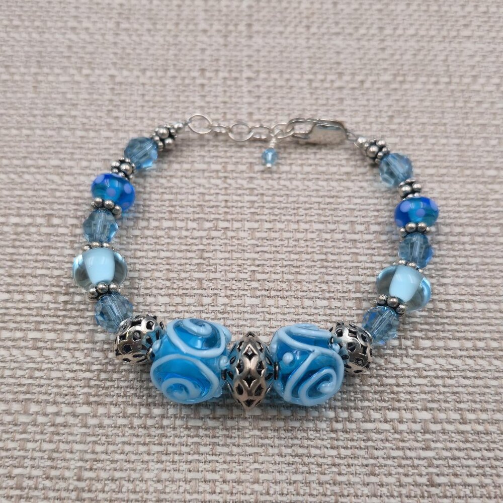 7.5-9 Inch Sterling Silver Artisan OOAK Blue Glass Bracelet B1125